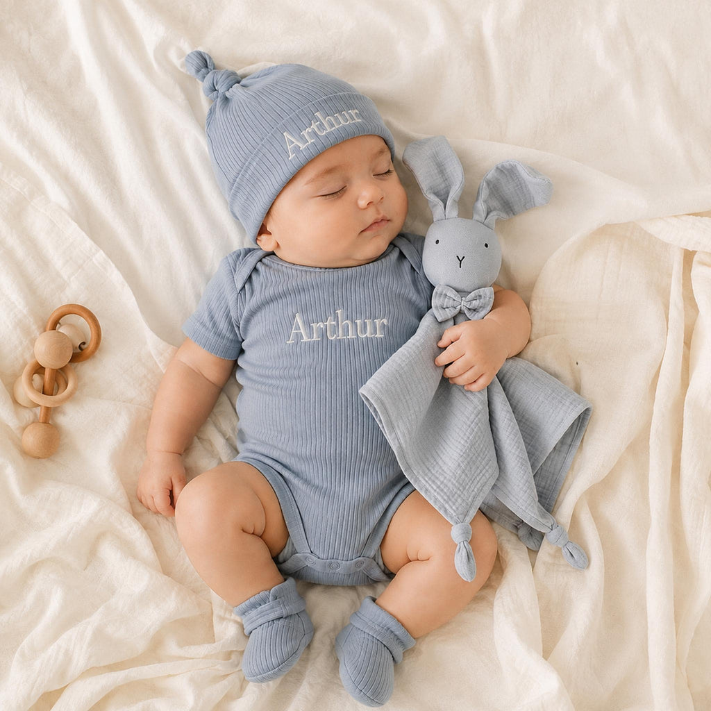 Personalized Organic Cotton Baby Gift Set, Embroidered Bodysuit, Hat, Lovey