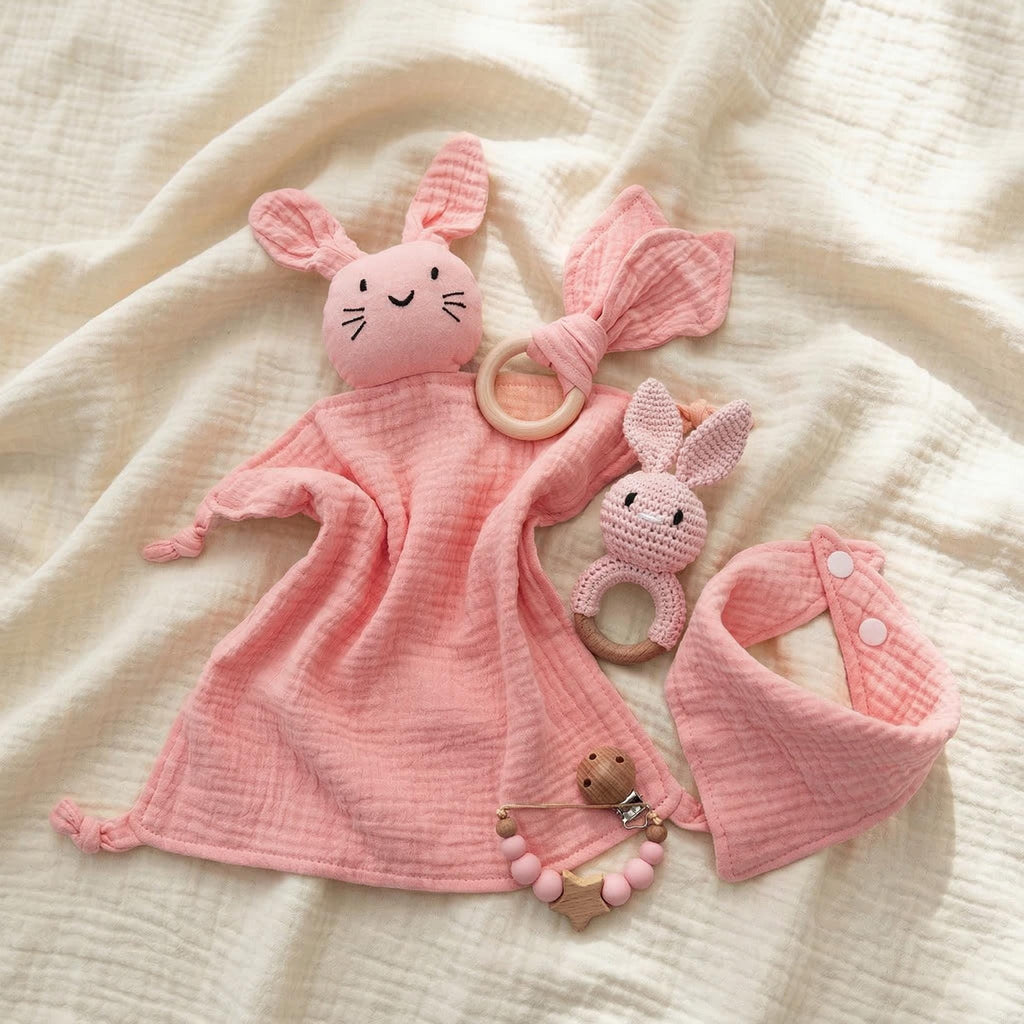 Personalized Bunny Lovey Gift Set – Embroidered Muslin, Pacifier Clip & Bunny Crochet Toy