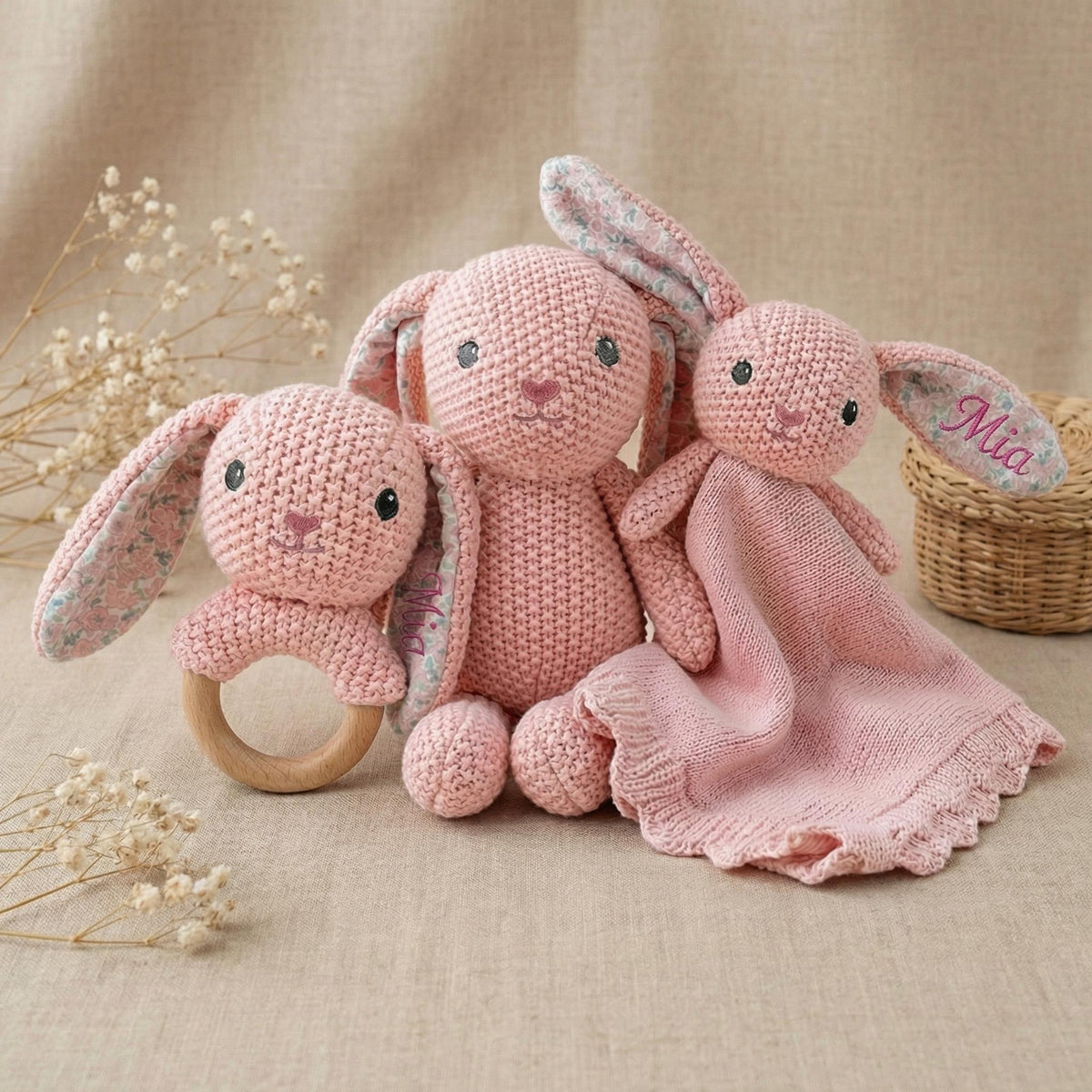 Personalized Bunny Lovey Set | Crochet Bunny Rattle Toy | Custom Name Baby Gift | Newborn Gift Girl | Baby Shower Gift