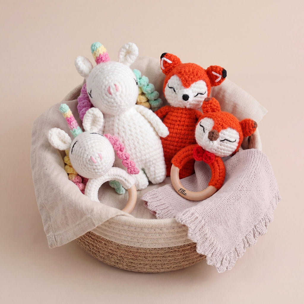 Personalized Crochet Baby Toy | Custom Name Plush or 2pcs Set | Handmade Animal Wooden Ring Toy | Baby Shower Gift