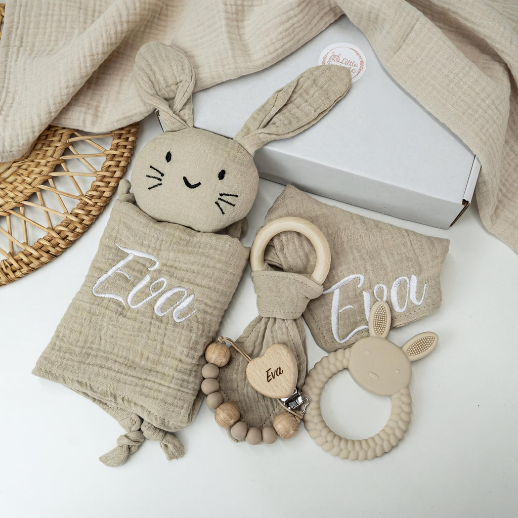 Personalized Bunny Lovey Gift Set – Embroidered Muslin Baby Toy