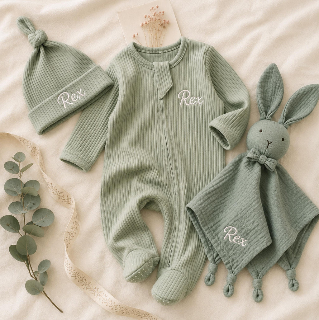 Personalized Baby Romper, Hat & Bunny Lovey Set, Newborn Gift (Organic Cotton)