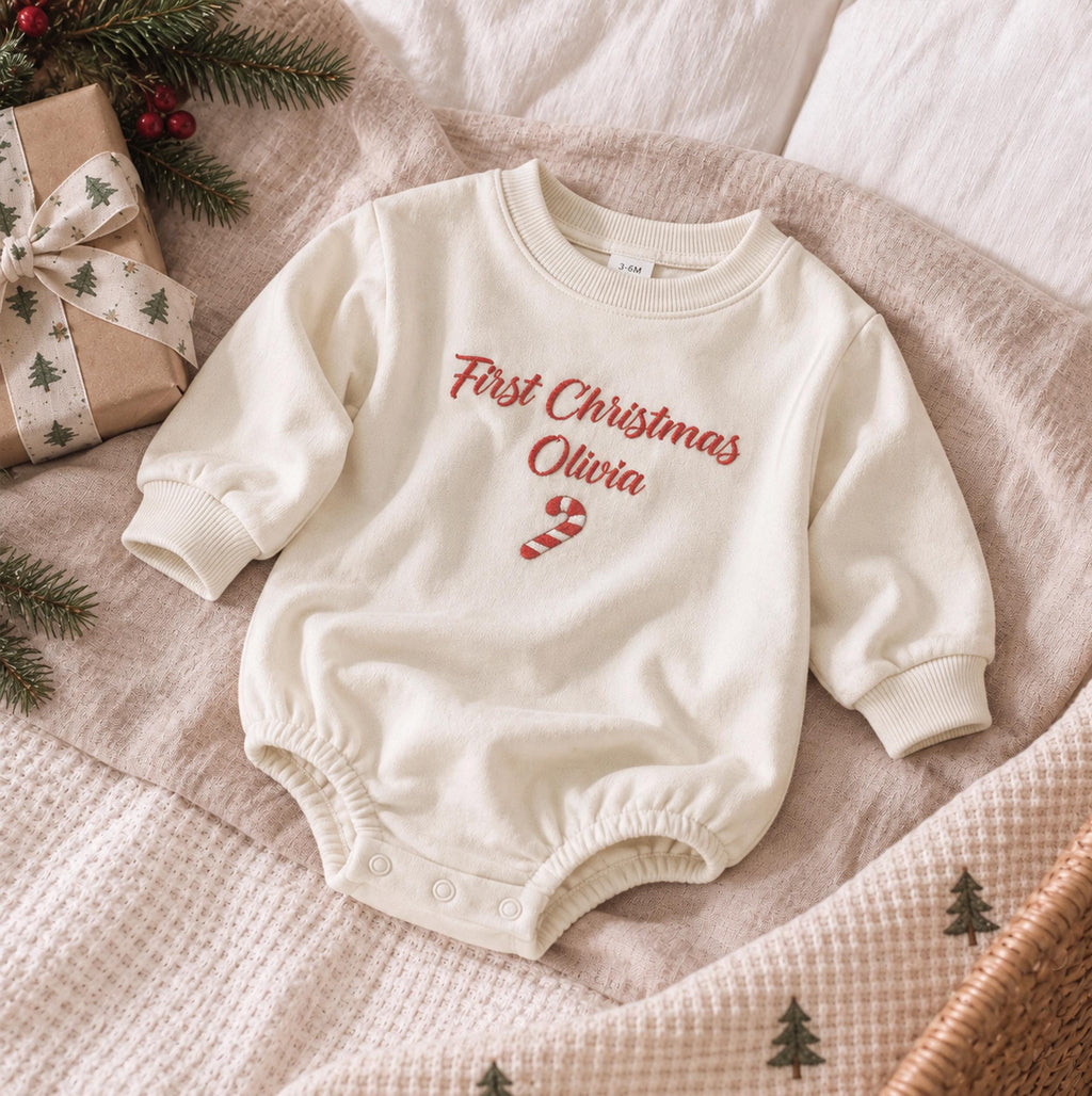 Personalized Christmas Baby Romper & Bunny Lovey Set, Organic Cotton Baby Outfit, Embroidered Name, Baby’s First Christmas Gift