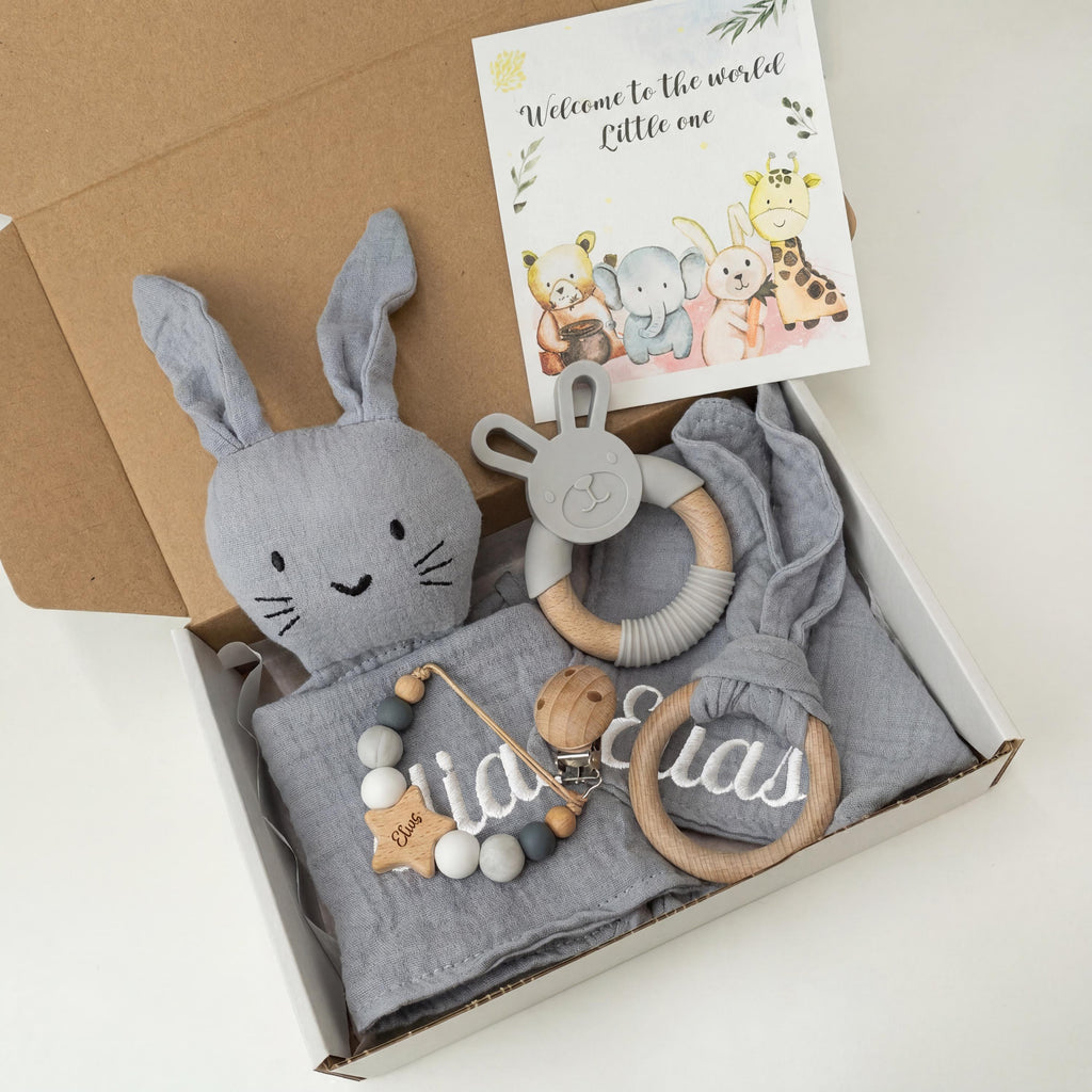 Personalized Bunny Lovey Gift Set – Embroidered Name, Pacifier Clip & Silicone Toy