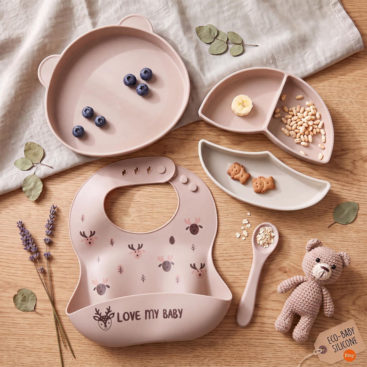 Personalized Silicone Baby Feeding Set, Bib, Plate, Bowl, Spoon, Snack Cup (Gift Box)