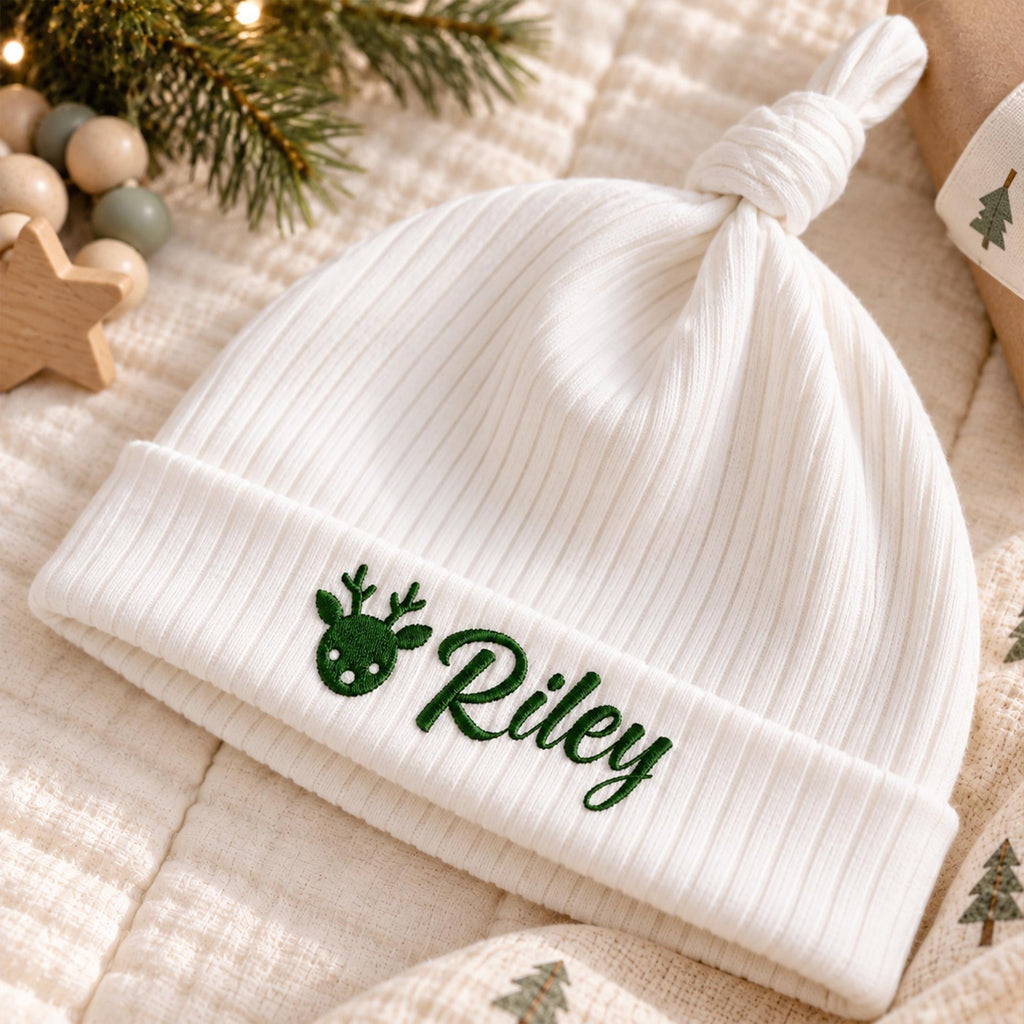 Personalized Baby Christmas Romper & Hat Set, Embroidered Name, First Holiday Outfit
