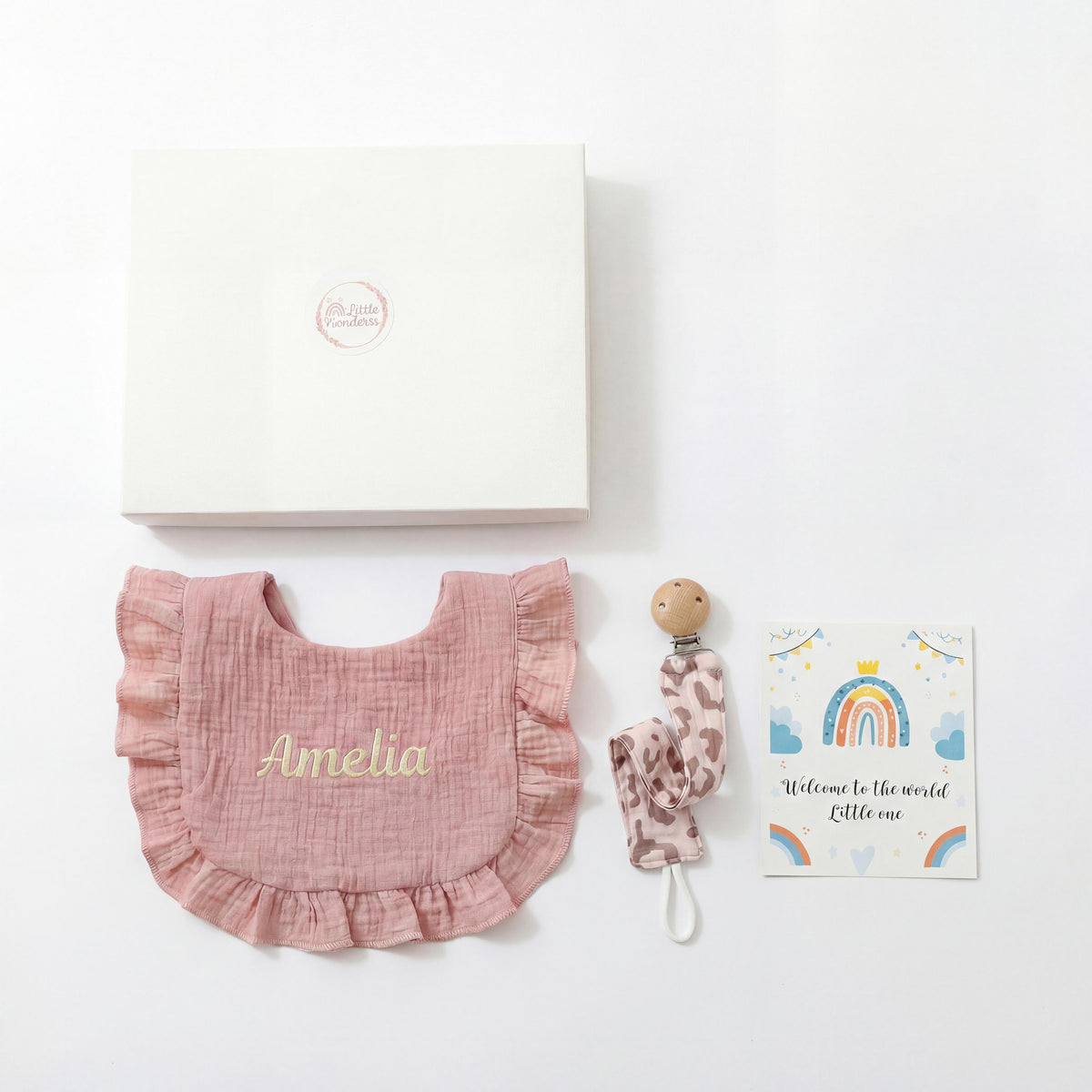 Personalized Muslin Baby Gift Set, Embroidered Bib & Pacifier Clip
