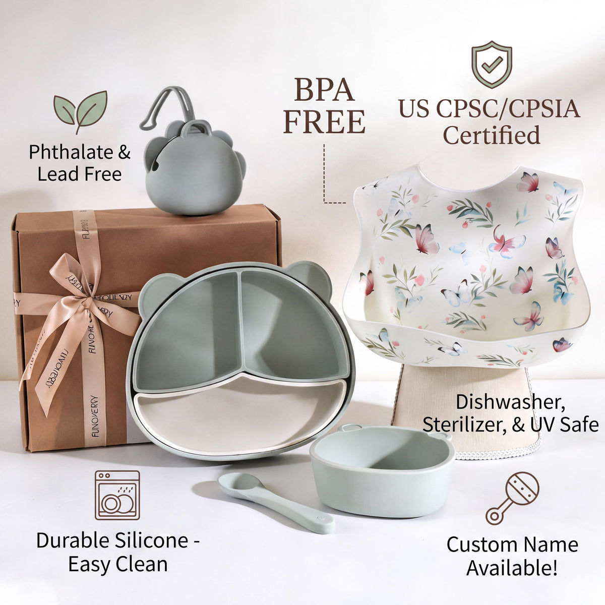 Personalized Silicone Baby Feeding Set, Bib, Plate, Bowl, Spoon, Snack Cup (Gift Box)
