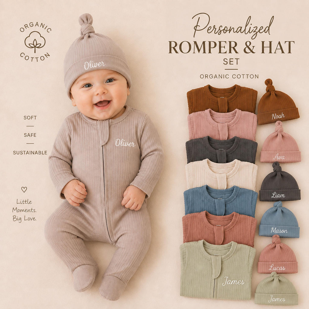 Personalized Baby Christmas Romper & Hat Set, Embroidered Name, First Holiday Outfit