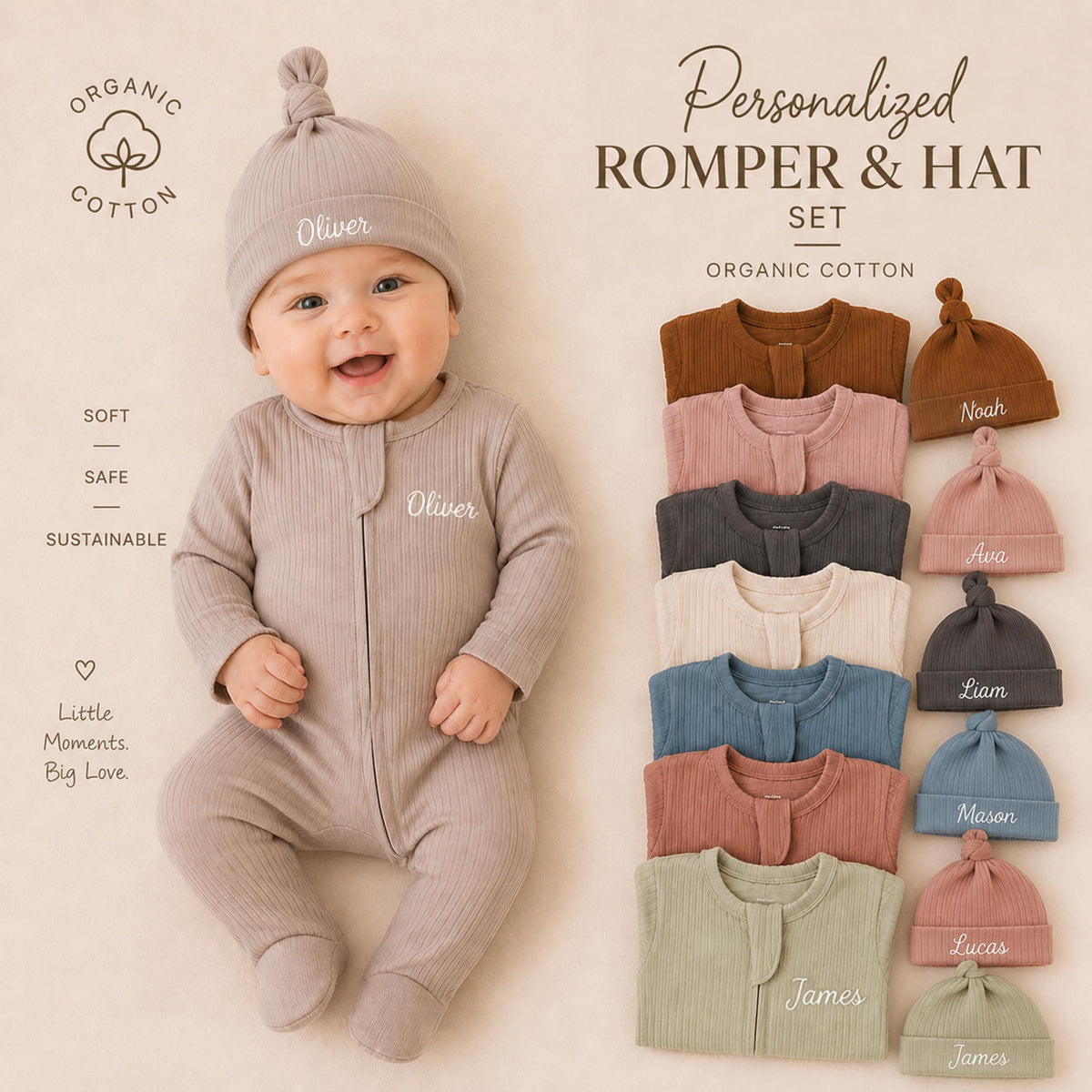 Personalized Baby Christmas Romper & Hat Set, Embroidered Name, First Holiday Outfit