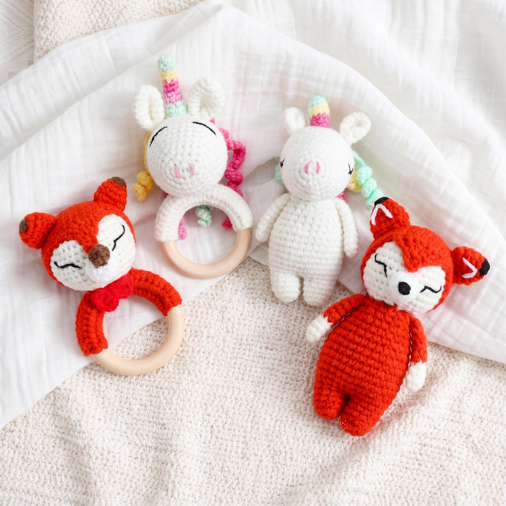 Personalized Crochet Baby Toy | Custom Name Plush or 2pcs Set | Handmade Animal Wooden Ring Toy | Baby Shower Gift