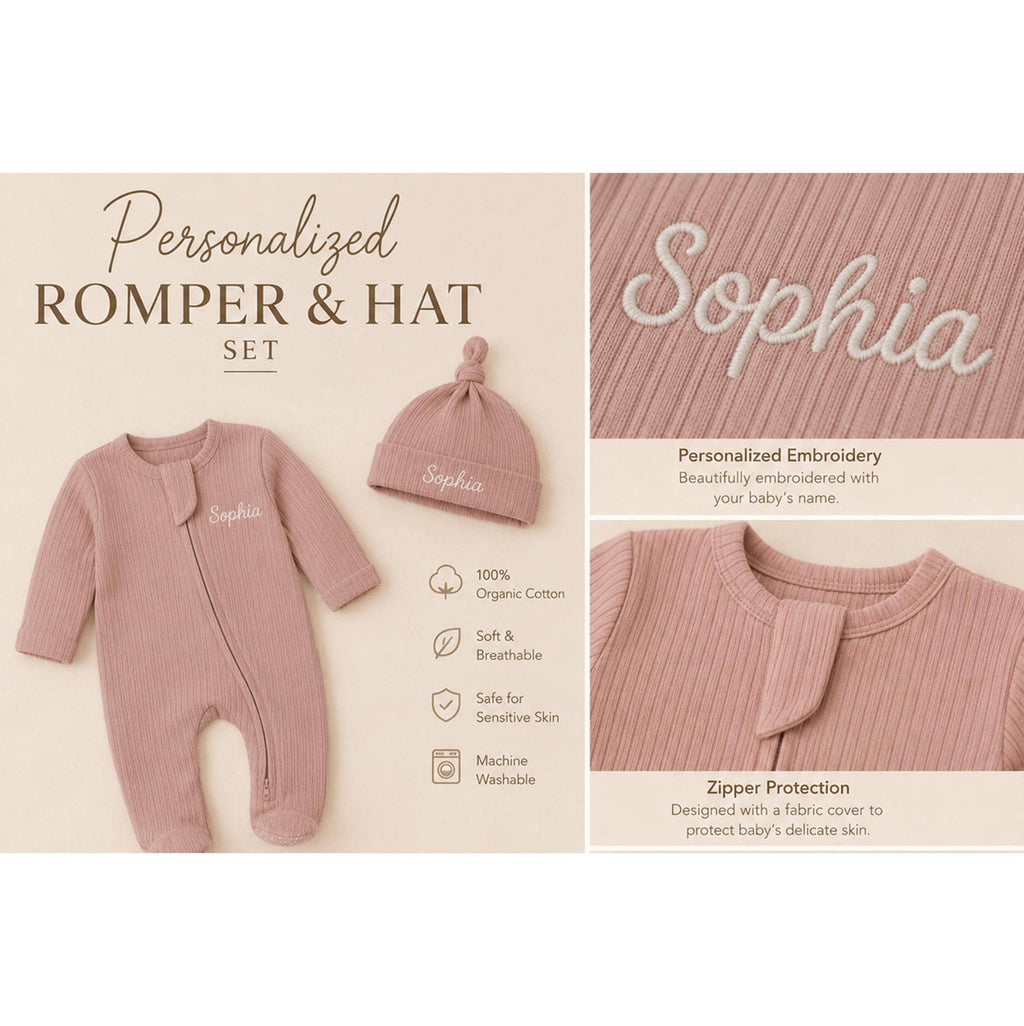 Personalized Baby Christmas Romper & Hat Set, Embroidered Name, First Holiday Outfit