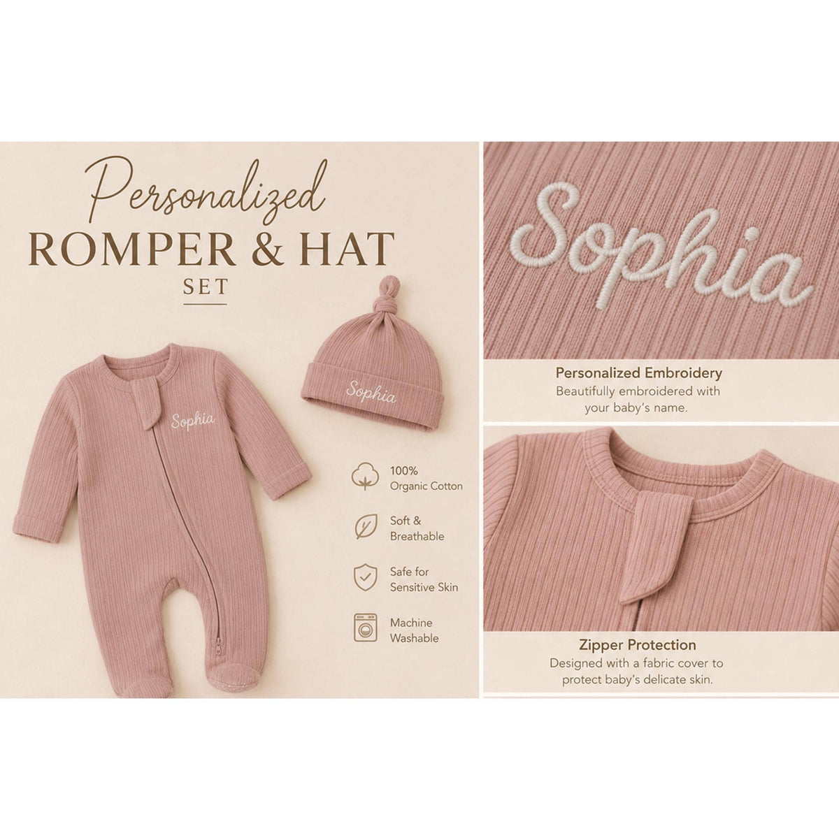 Personalized Baby Christmas Romper & Hat Set, Embroidered Name, First Holiday Outfit
