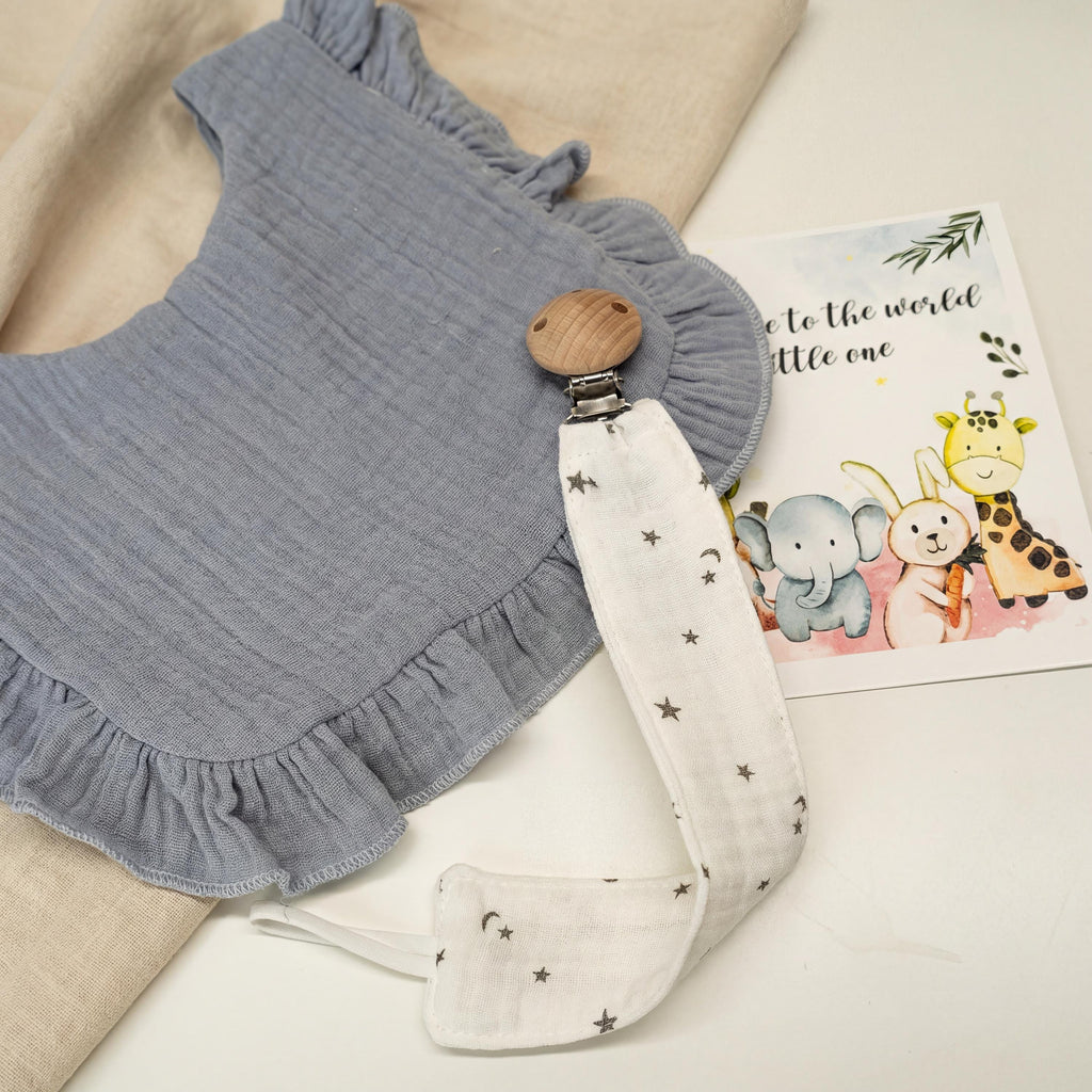 Personalized Muslin Baby Gift Set, Embroidered Bib & Pacifier Clip