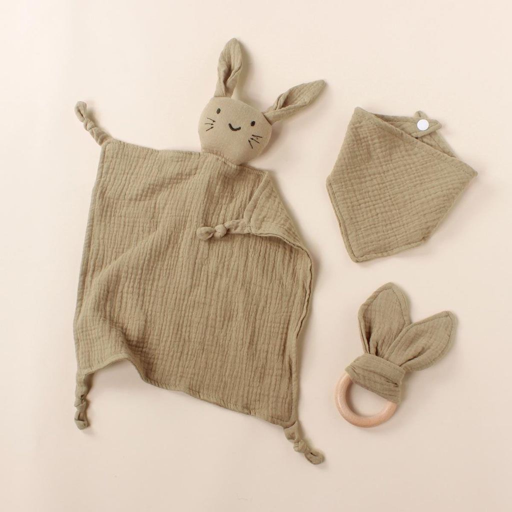 Baby Bunny Soothing Towel Set: Muslin Comforter, Bib & Teether Ring