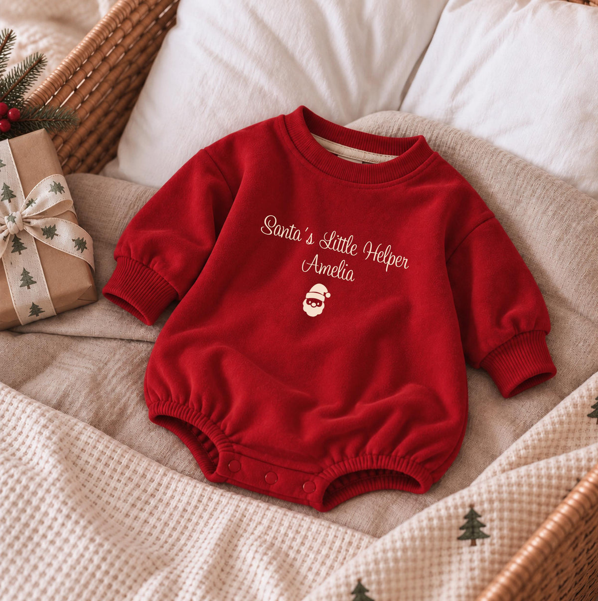 Personalized Baby Christmas Romper, 100% Organic Cotton, Custom Name Embroidery (First Christmas Outfit), Baby first Christmas Gift