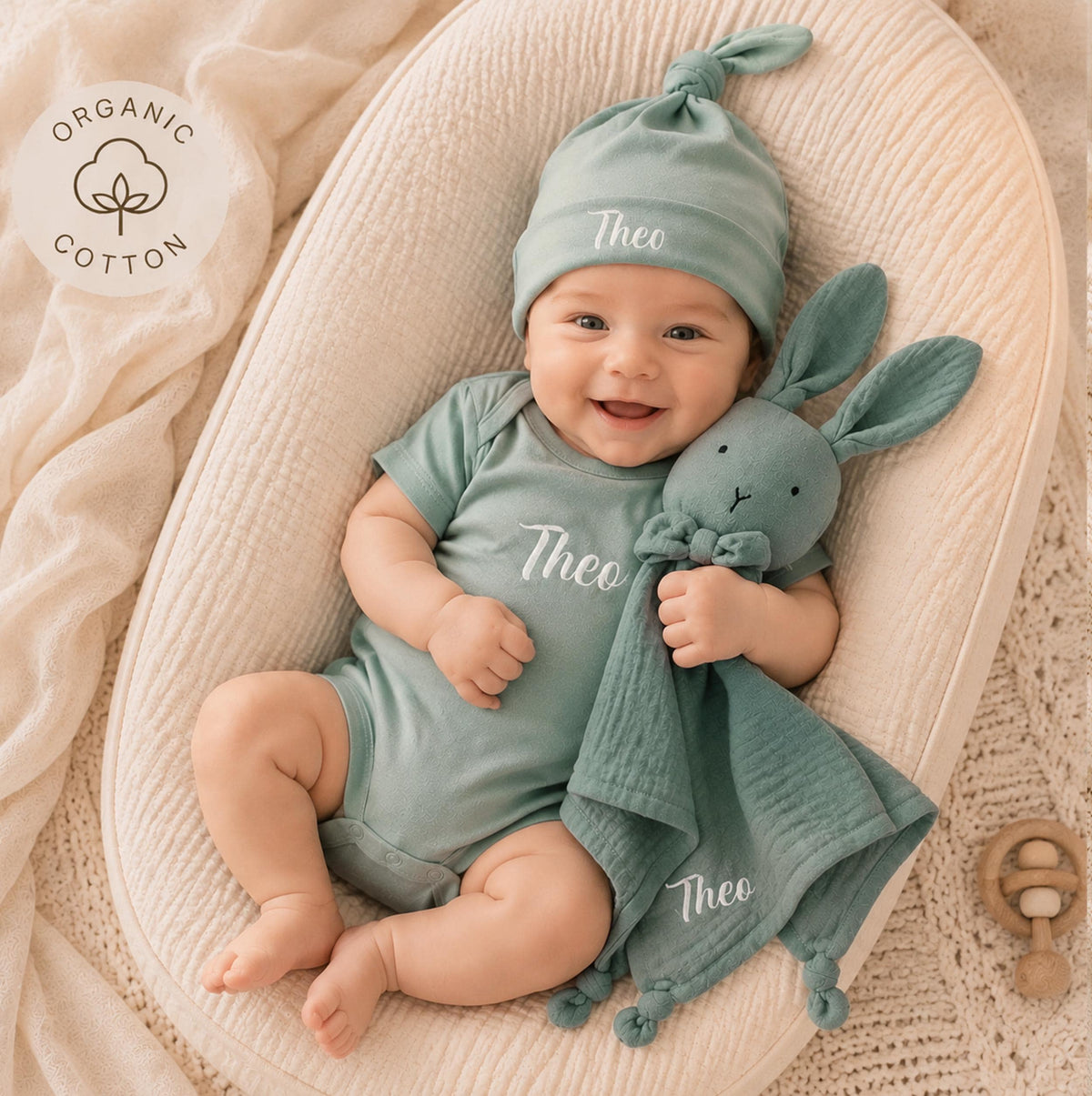 Personalized Organic Cotton Baby Gift Set, Embroidered Bodysuit, Hat, Bunny Lovey