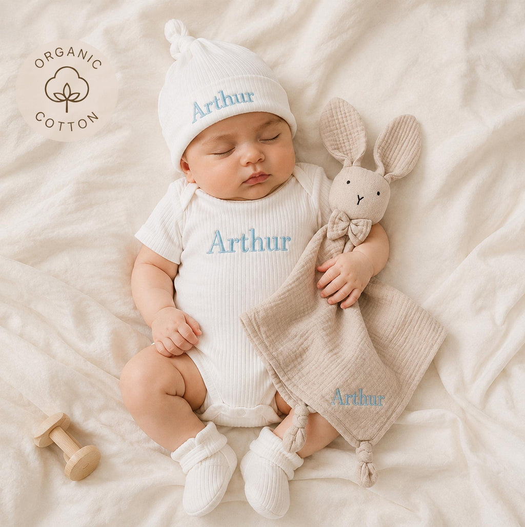 Personalized Organic Cotton Baby Gift Set, Embroidered Bodysuit, Hat, Lovey