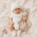 Personalized Organic Cotton Baby Gift Set, Embroidered Bodysuit, Hat, Lovey