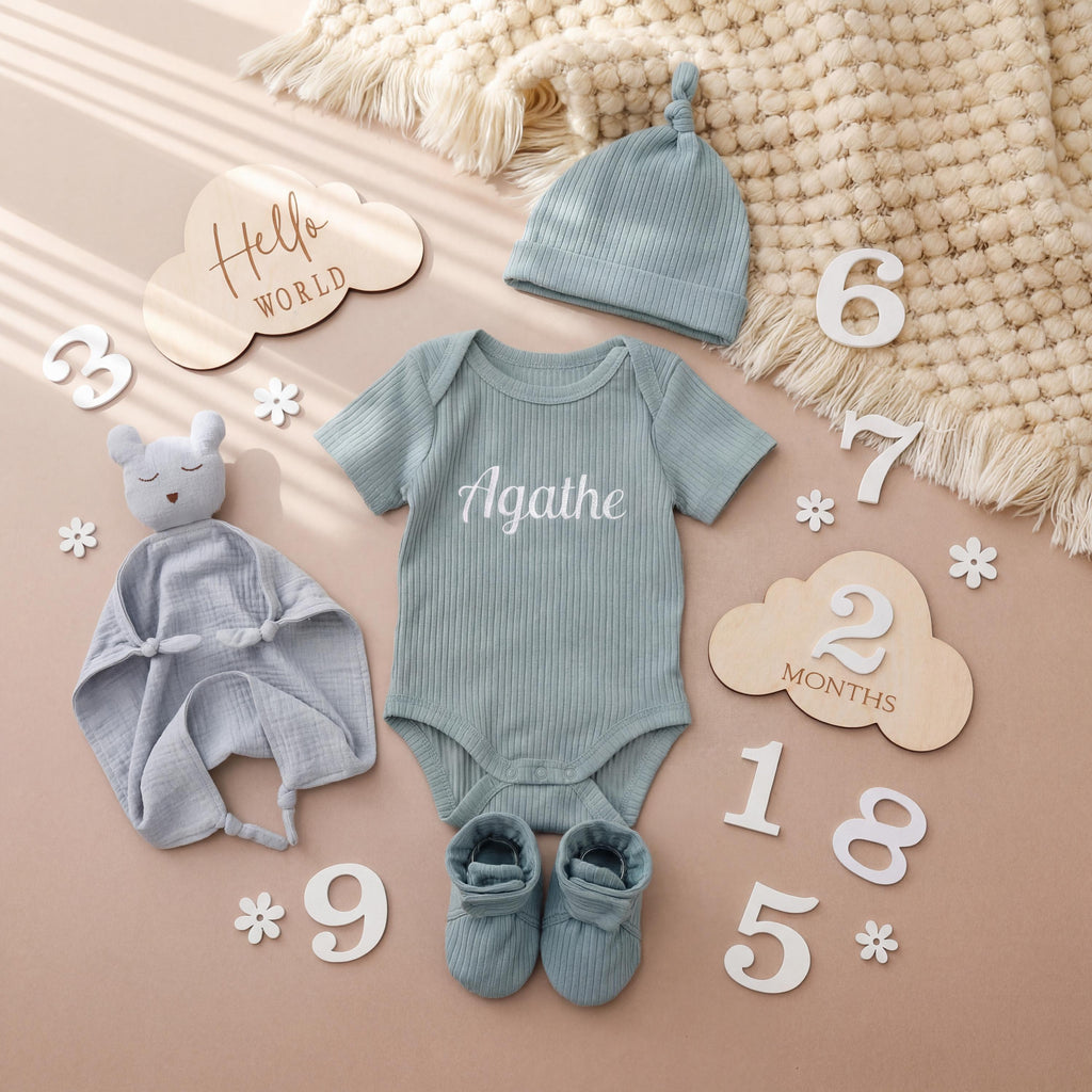 Personalized Organic Cotton Baby Gift Box, Newborn Welcome Set, Bear Lovey, Bodysuit, Beanie, Socks