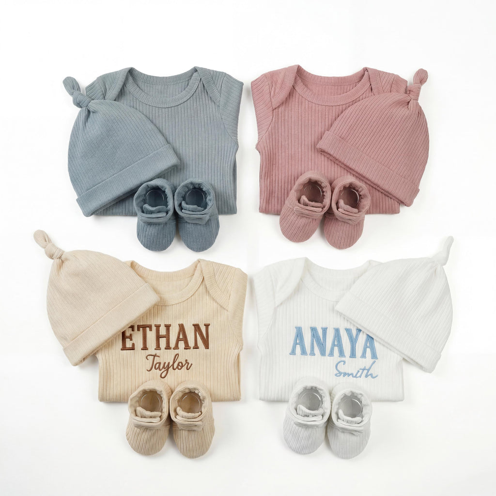 Embroidered Baby Outfit Set | Ribbed Cotton Bodysuit, Hat & Booties