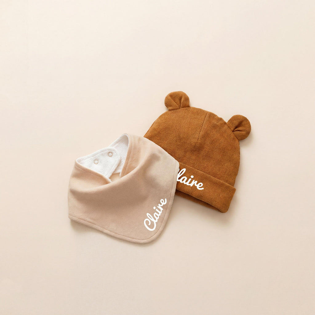 Personalized Organic Baby Gift Set, Embroidered Bib & Hat with box