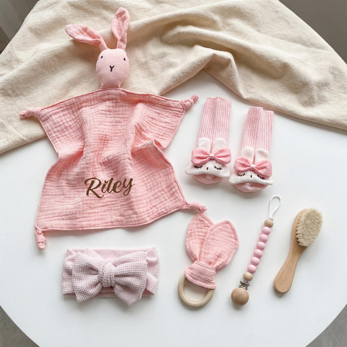 Personalized Bunny Lovey Gift Set: Embroidered Muslin, Pacifier Clip & Toy, Pink Bunny