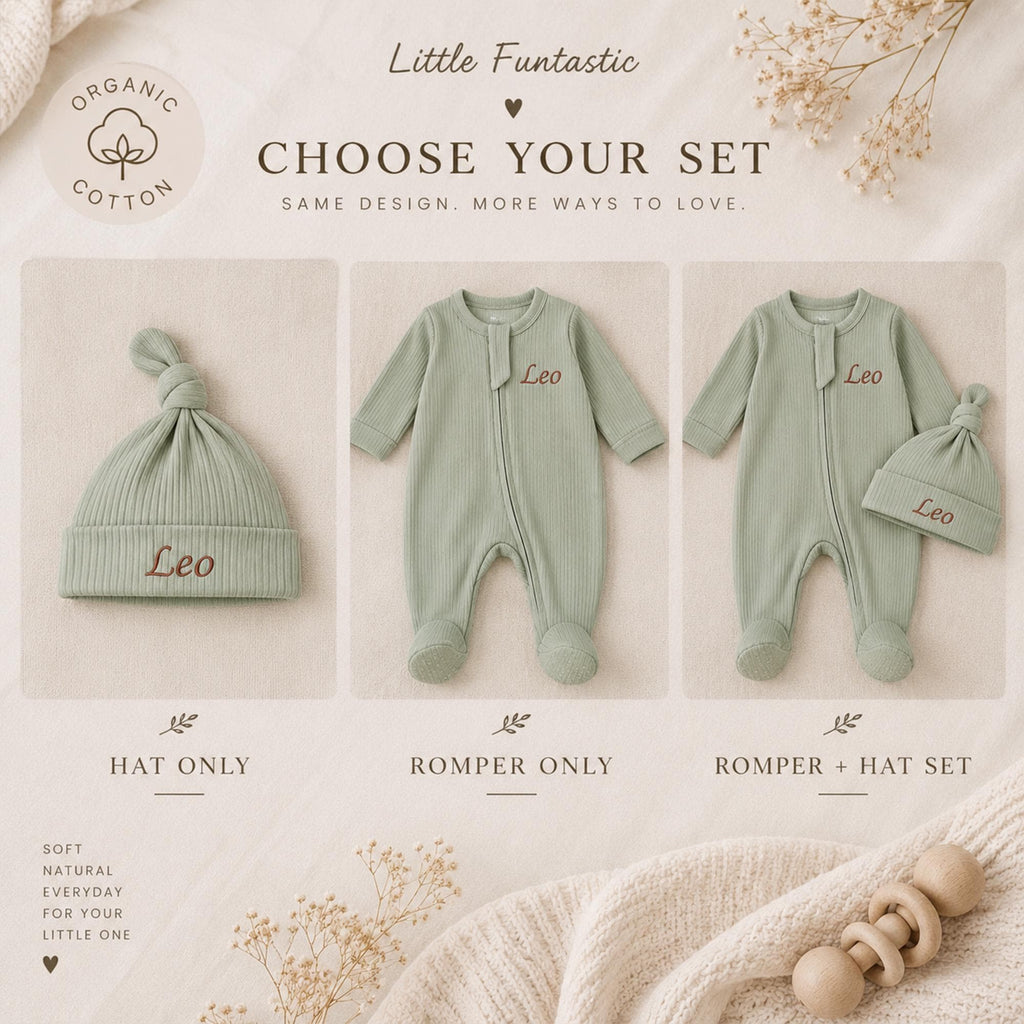Personalized Baby Romper and Hat Set, Custom Name Organic Cotton Newborn Outfit, Embroidered Baby Gift