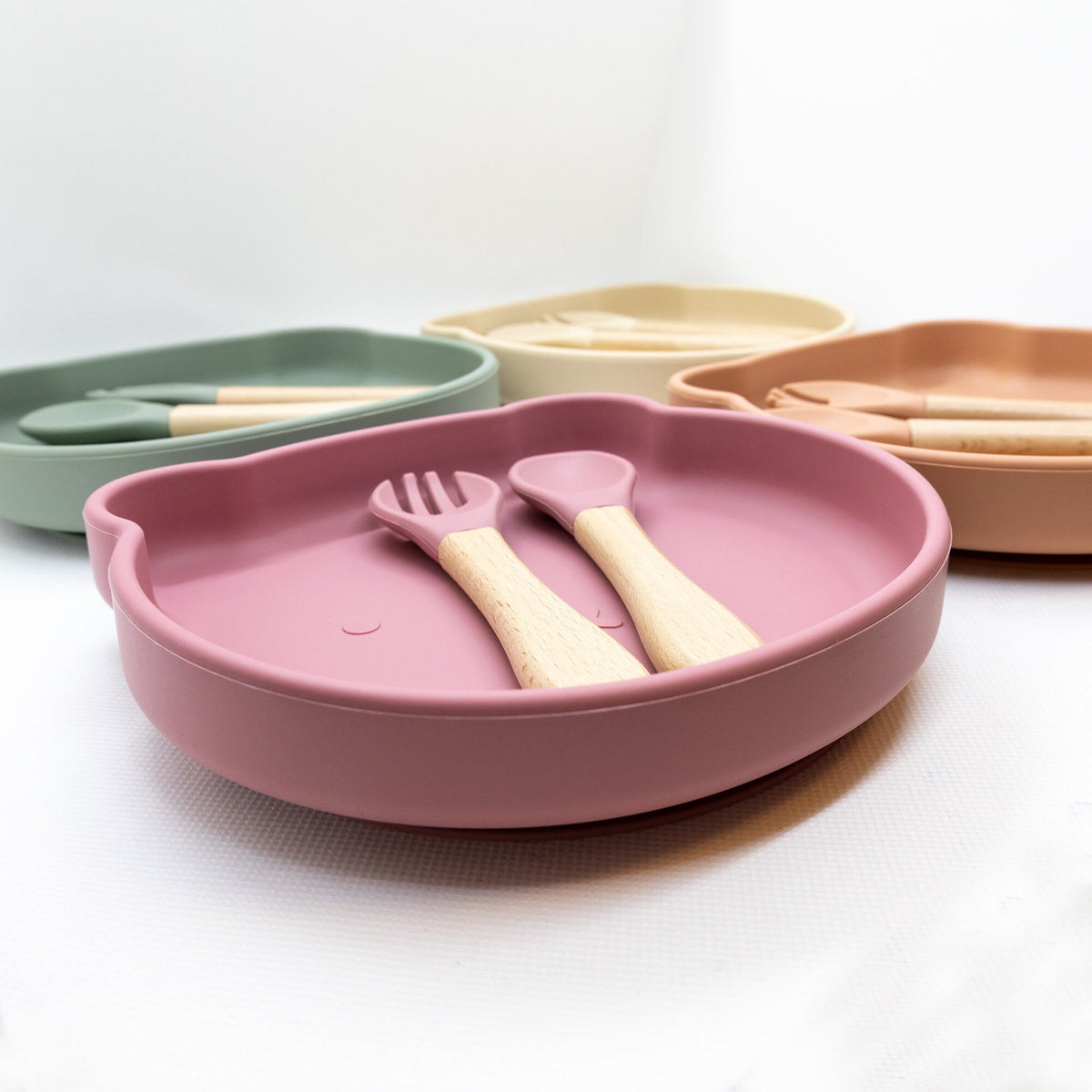 Personalized Bear Silicone Weaning Set | Engraved Wooden Spoon Fork Mealtime Tableware