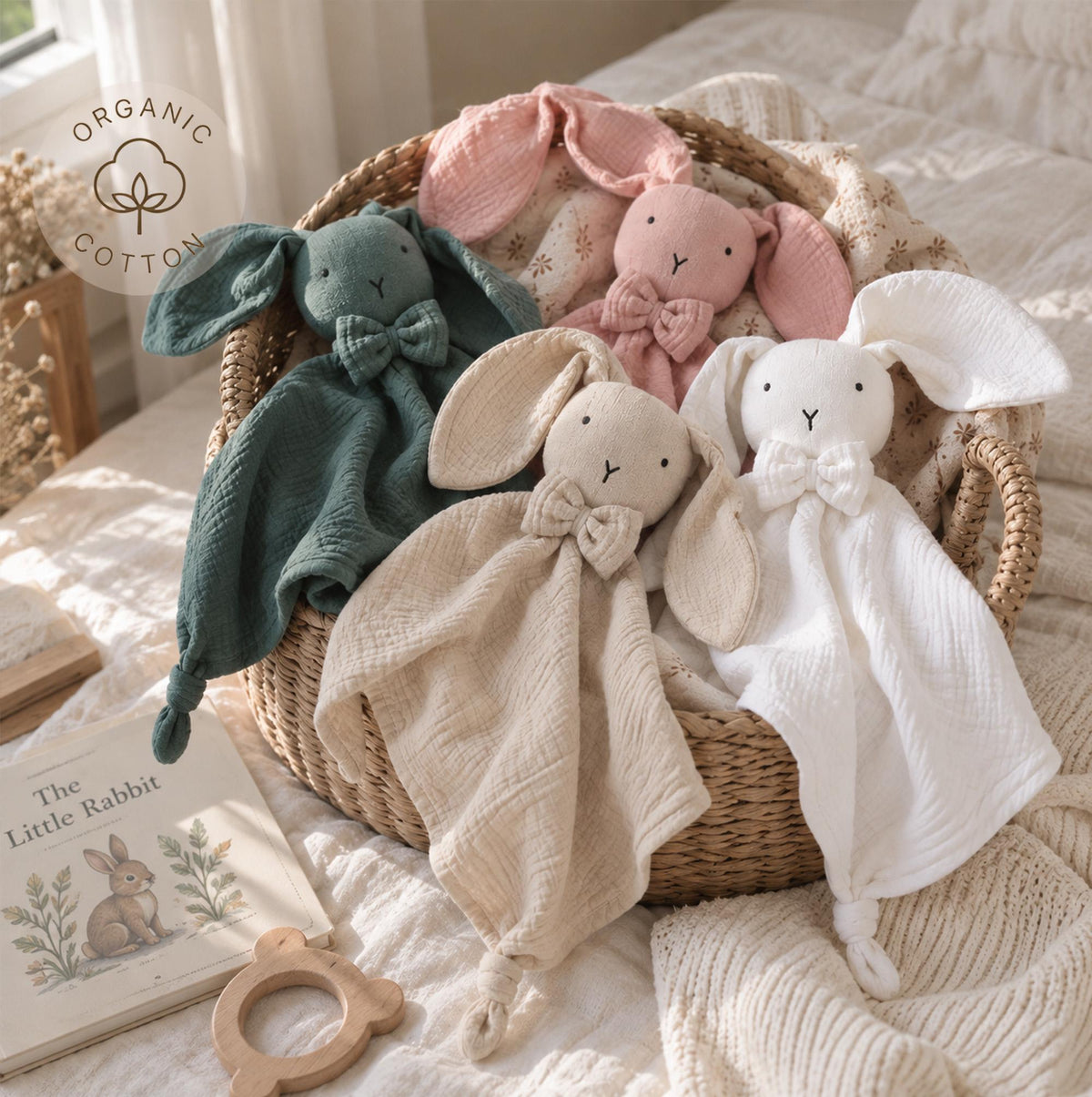 Embroidered Organic Cotton Bunny Lovey, Personalized Baby Gift, Bunny Toy