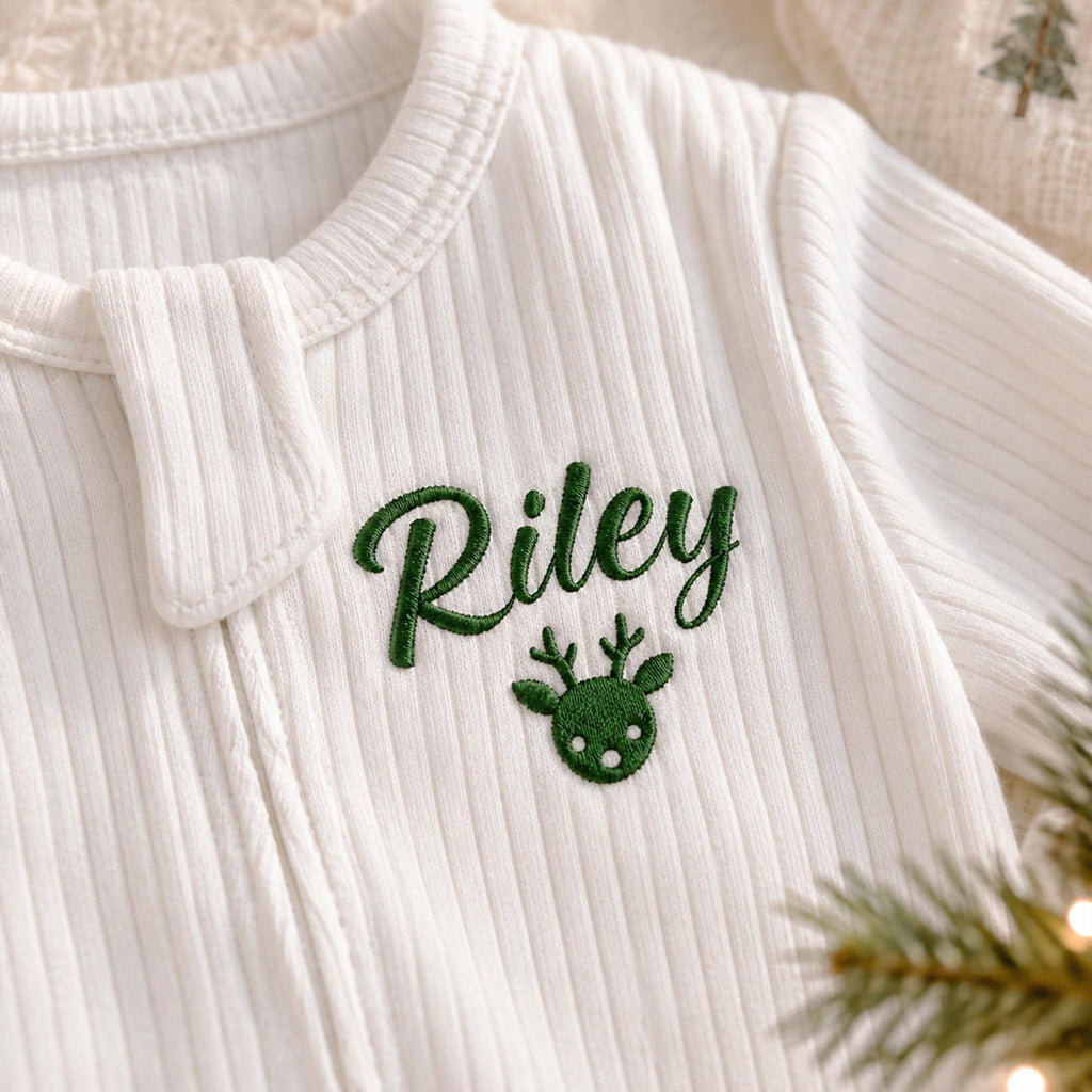 Personalized Baby Christmas Romper & Hat Set, Embroidered Name, First Holiday Outfit