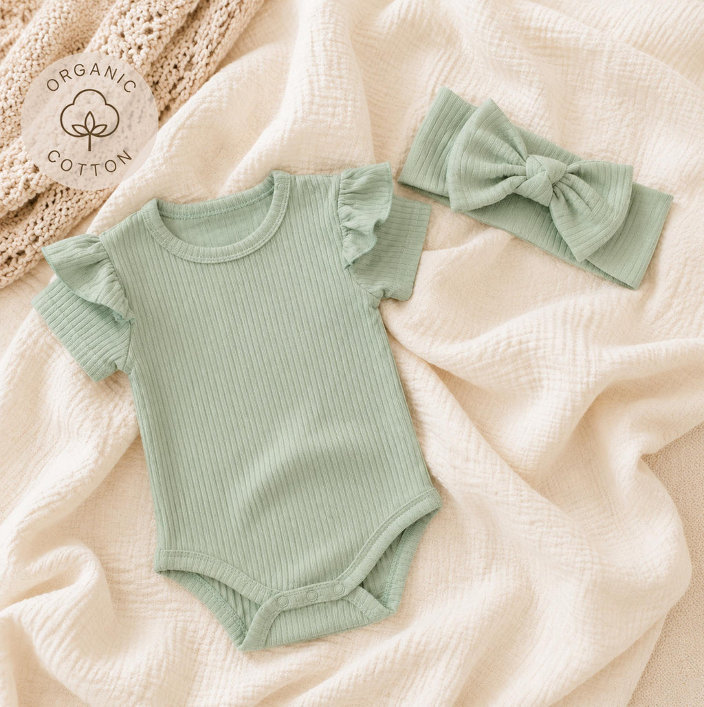 Personalized Organic Cotton Baby Bodysuit and Headband Set, Newborn Coming Home Outfit