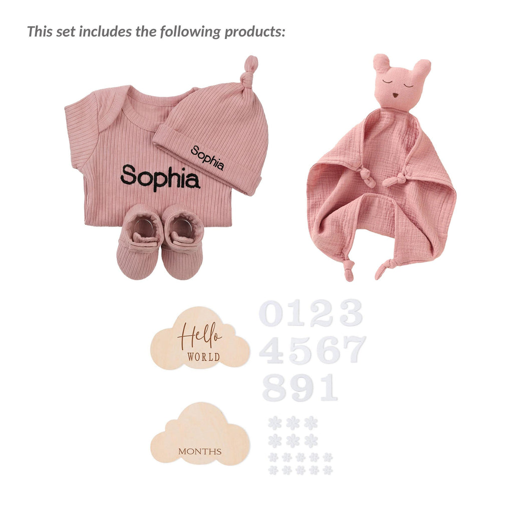 Personalized Organic Cotton Baby Gift Box, Newborn Welcome Set, Bear Lovey, Bodysuit, Beanie, Socks