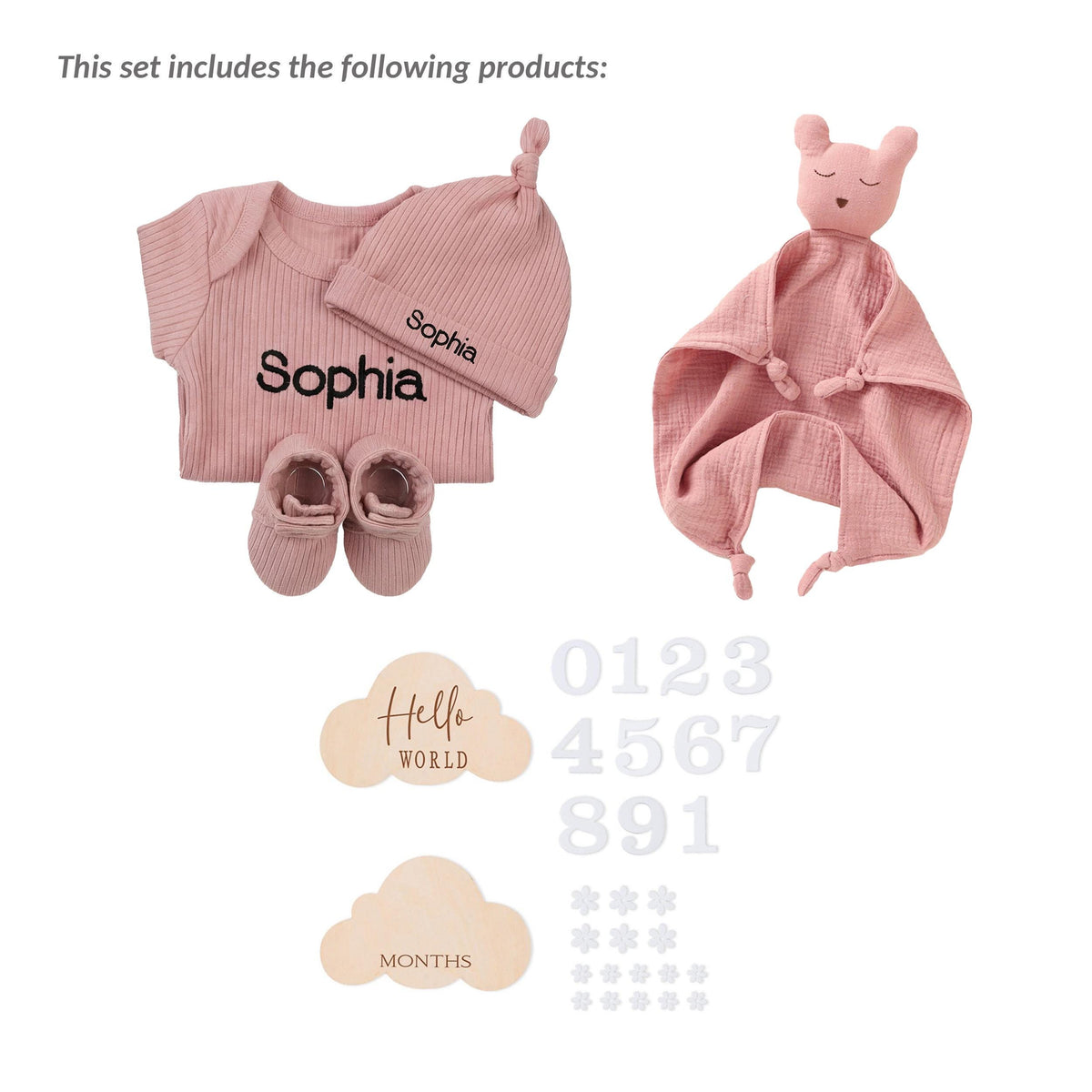 Personalized Organic Cotton Baby Gift Box, Newborn Welcome Set, Bear Lovey, Bodysuit, Beanie, Socks
