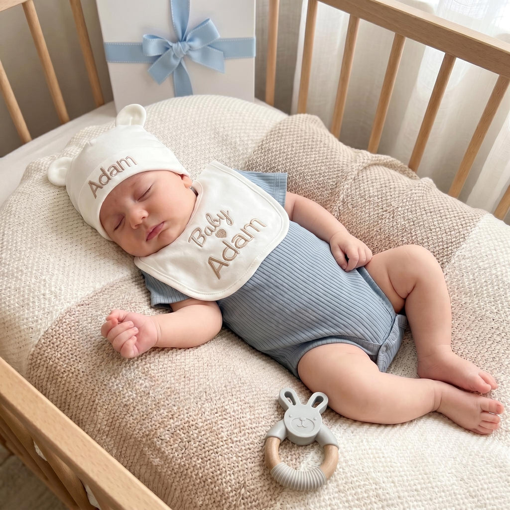 Personalized Baby Boy Gift Set | Organic Cotton Baby Bodysuit & Socks | Custom Name Newborn Gift Box | Baby Shower Gift Ready