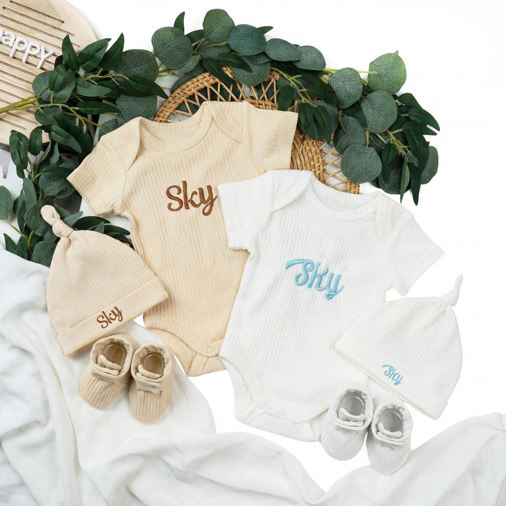 Personalized Baby Outfit Set | Ribbed Organic Cotton Bodysuit, Hat & Booties | Baby Shower Gift