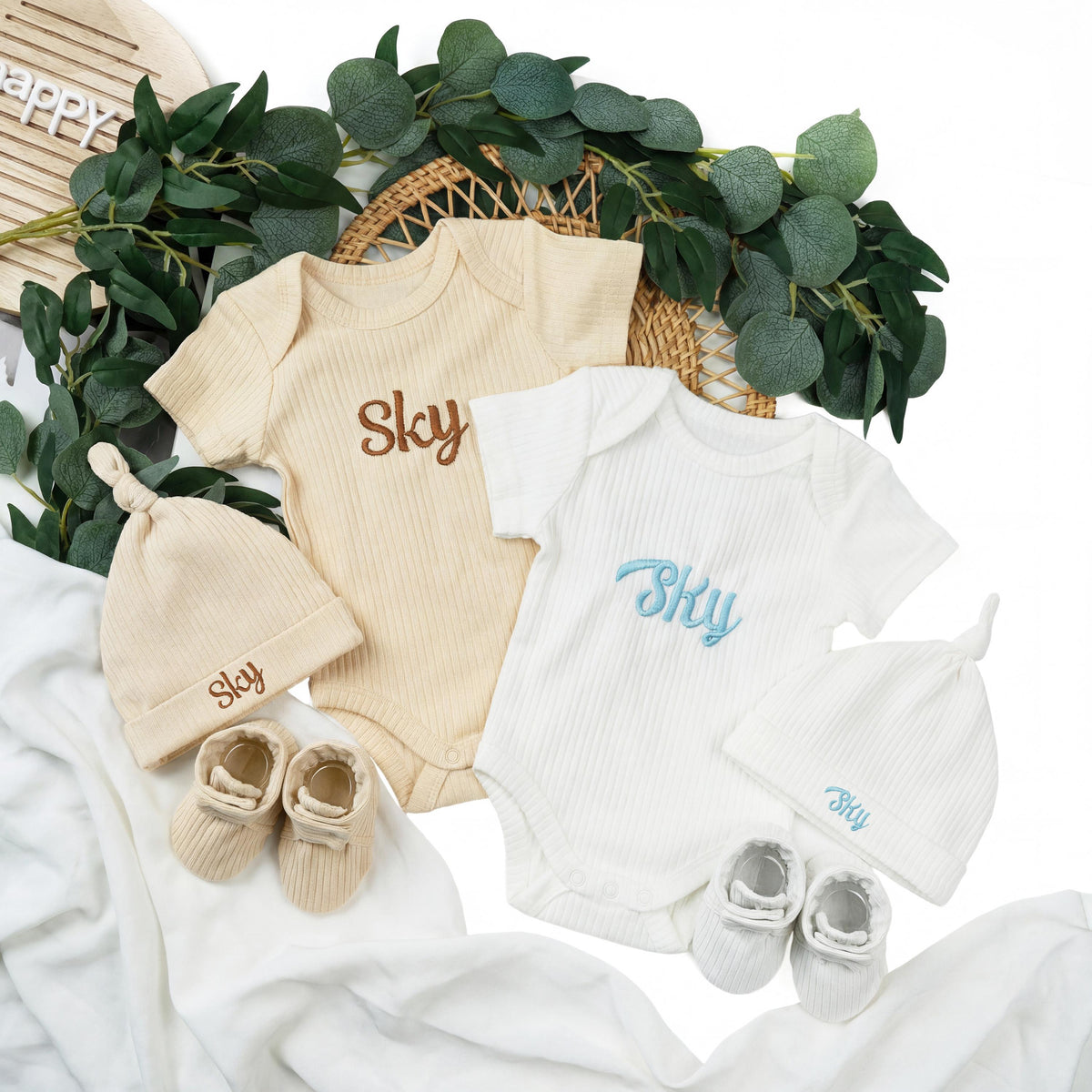 Personalized Baby Outfit Set | Ribbed Organic Cotton Bodysuit, Hat & Booties | Baby Shower Gift