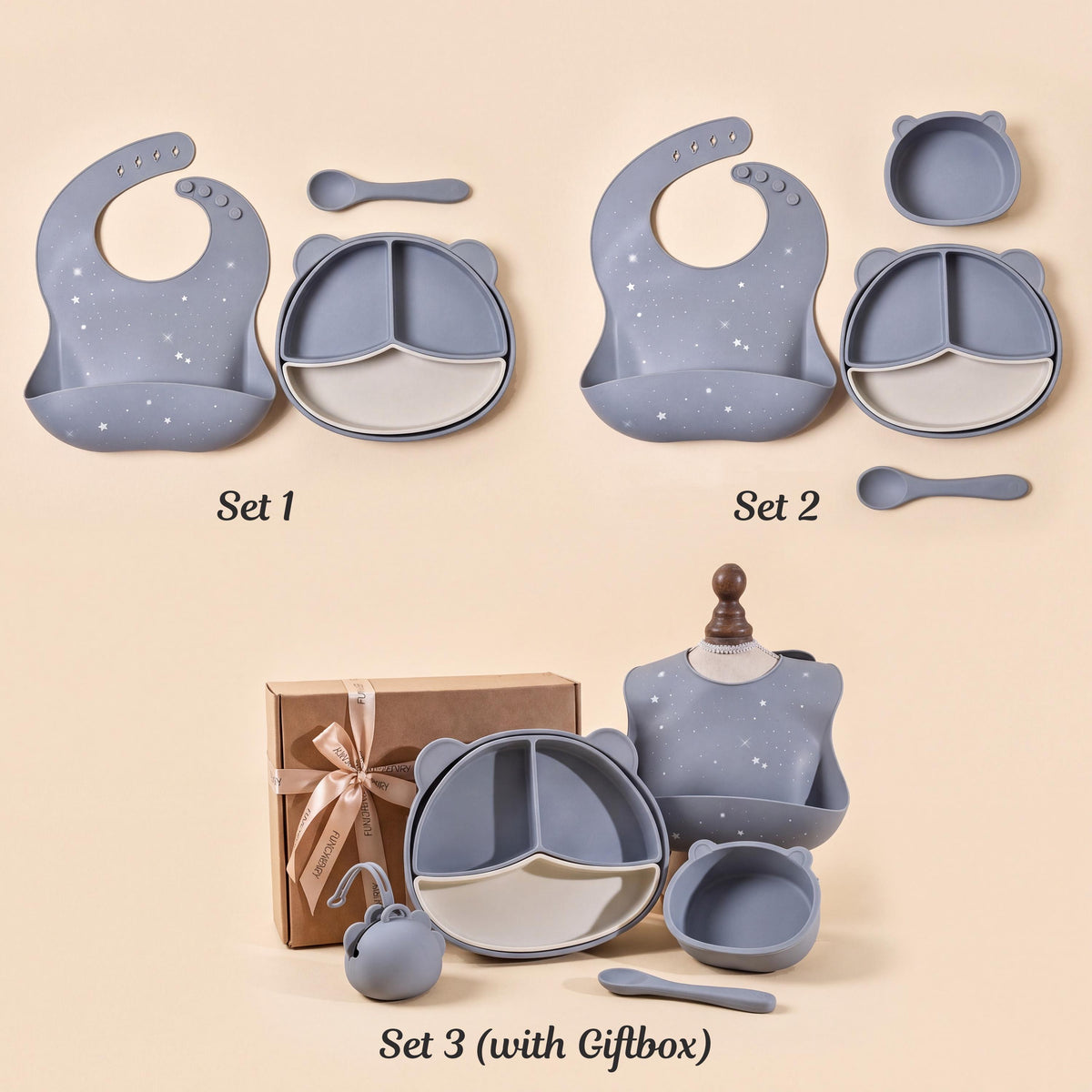 Personalized Silicone Baby Feeding Set, Bib, Plate, Bowl, Spoon, Snack Cup (Gift Box)