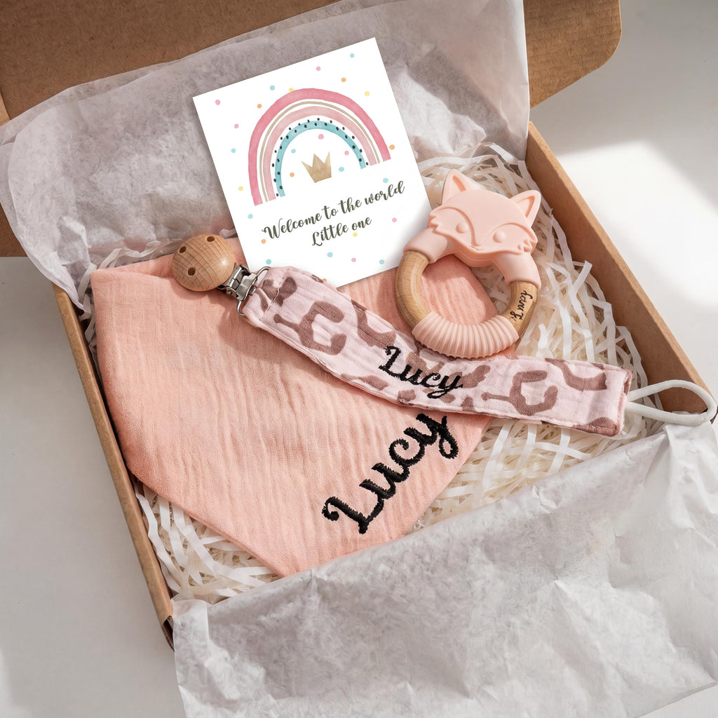 Personalized Baby Girl Gift Set, Embroidered Bib, Pacifier Clip & Engraved Wood Toy