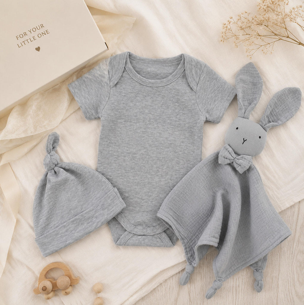 Personalized Organic Cotton Baby Gift Set, Embroidered Bodysuit, Hat, Bunny Lovey