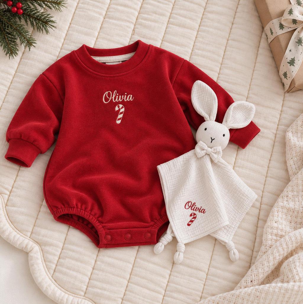 Personalized Christmas Baby Romper & Bunny Lovey Set, Organic Cotton Baby Outfit, Embroidered Name, Baby’s First Christmas Gift