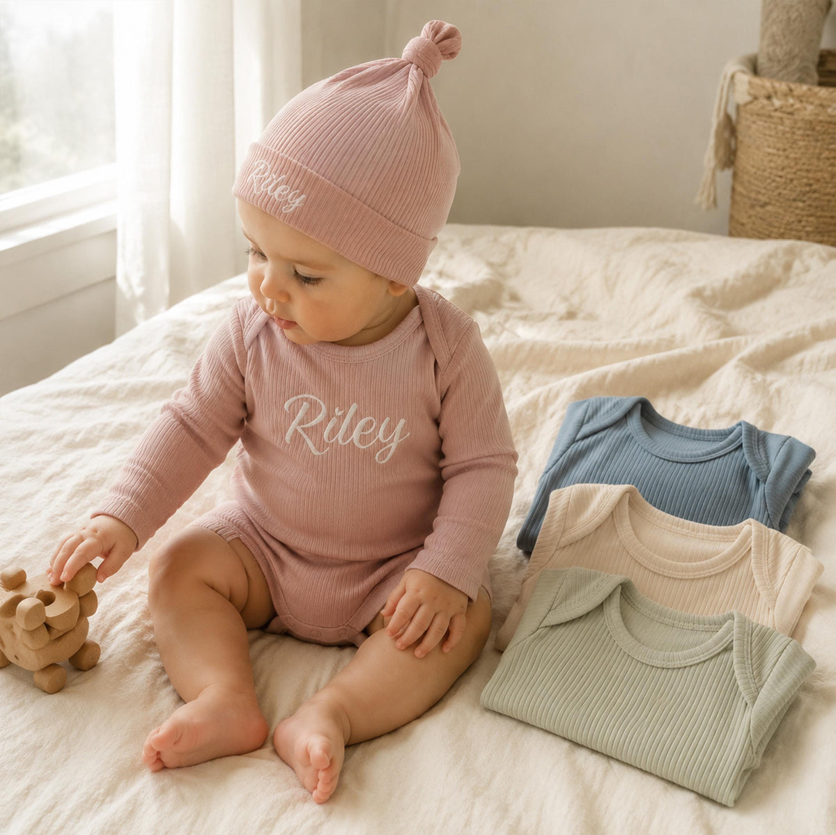 Personalized Baby Outfit Set | Ribbed Organic Cotton Bodysuit, Hat & Booties | Baby Shower Gift