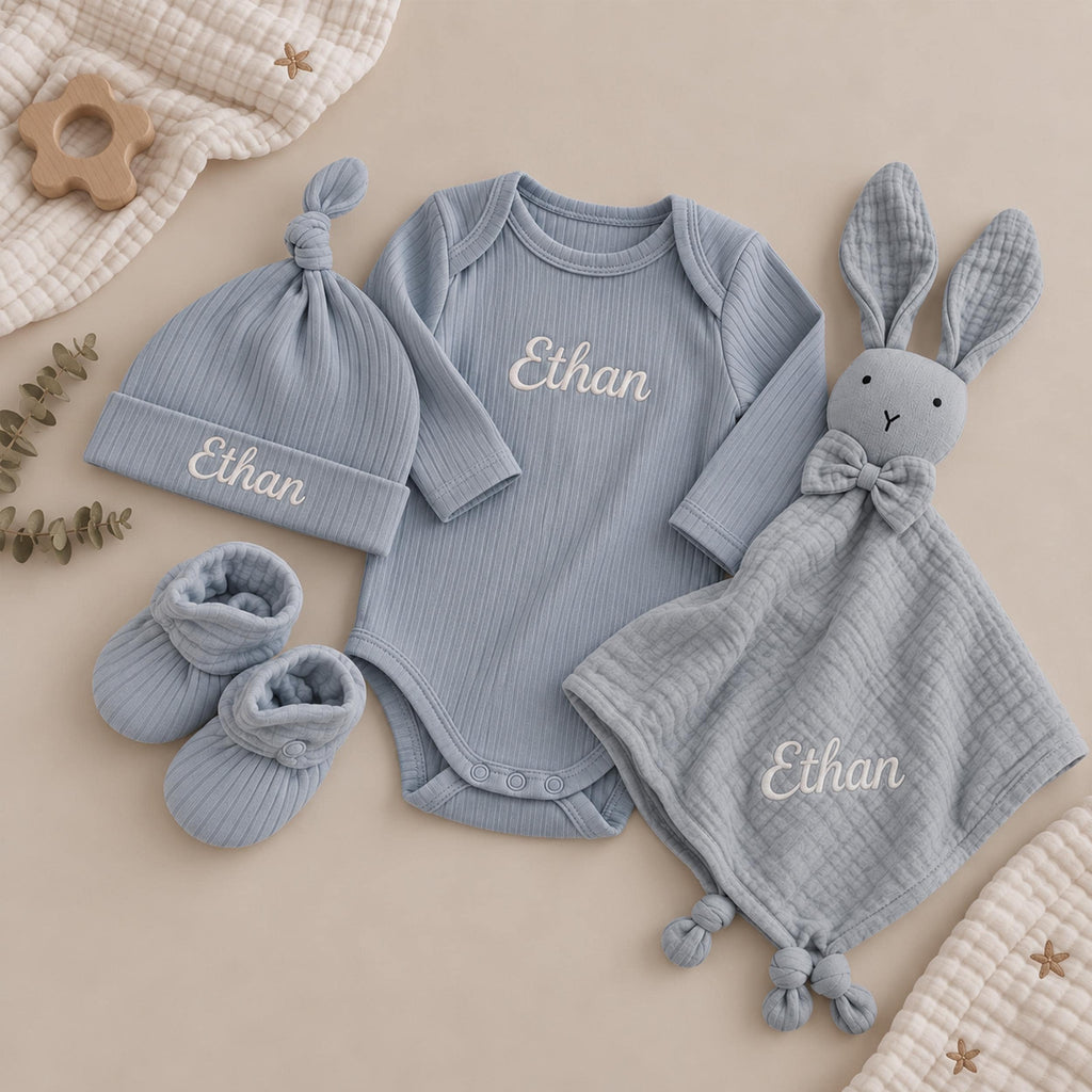 Personalized Organic Cotton Baby Gift Set, Ribbed Bodysuit, Hat, Booties, Bunny Lovey