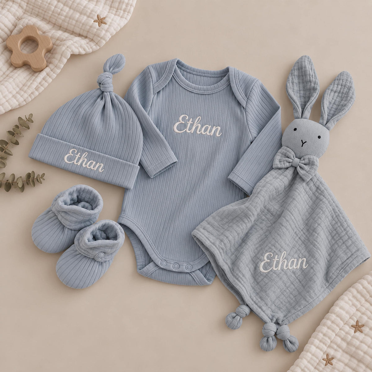 Personalized Organic Cotton Baby Gift Set, Ribbed Bodysuit, Hat, Booties, Bunny Lovey
