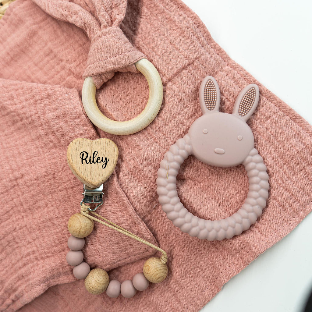 Personalized Bunny Lovey Gift Set – Embroidered Muslin, Pacifier Clip & Toy