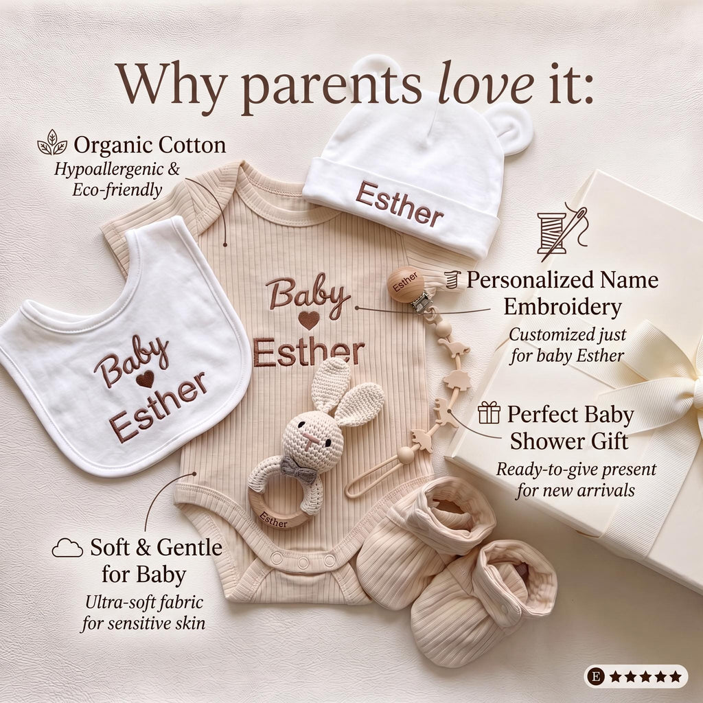 Personalized Organic Cotton Baby Gift Set | Bodysuit, Socks, Hat, Bib, Toy