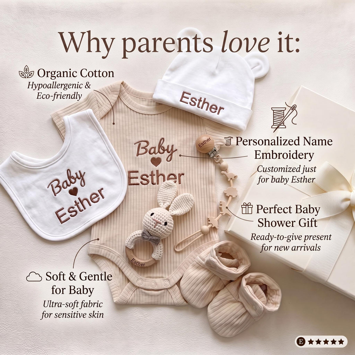 Personalized Organic Cotton Baby Gift Set | Bodysuit, Socks, Hat, Bib, Toy