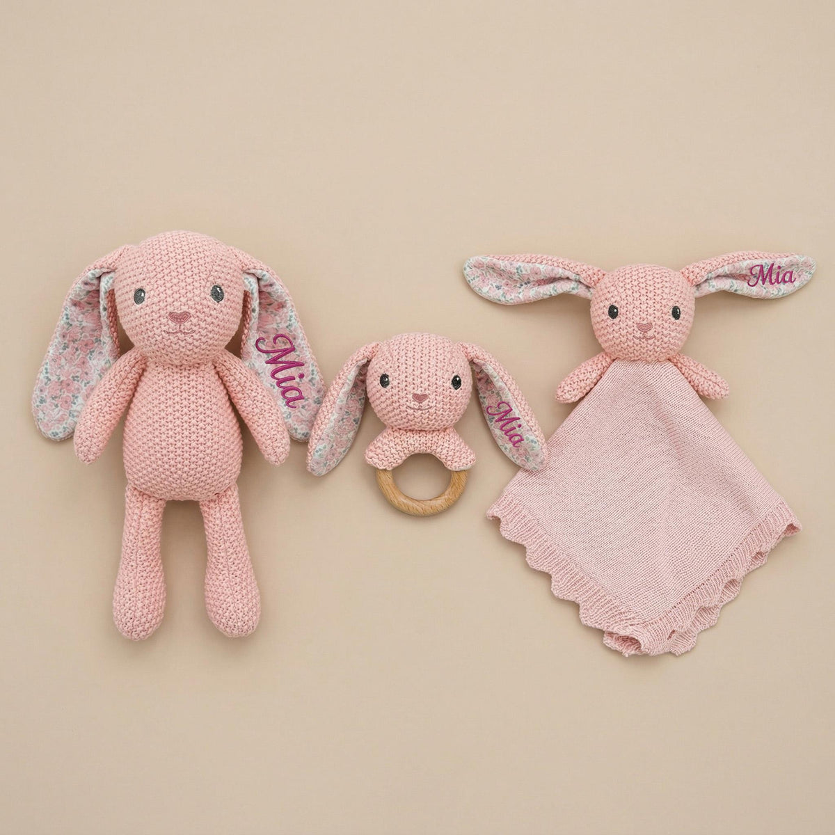 Personalized Crochet Bunny Lovey Set | Bunny Rattle Toy | Custom Name Baby Gift | Newborn Girl Gift | Baby Shower Gift