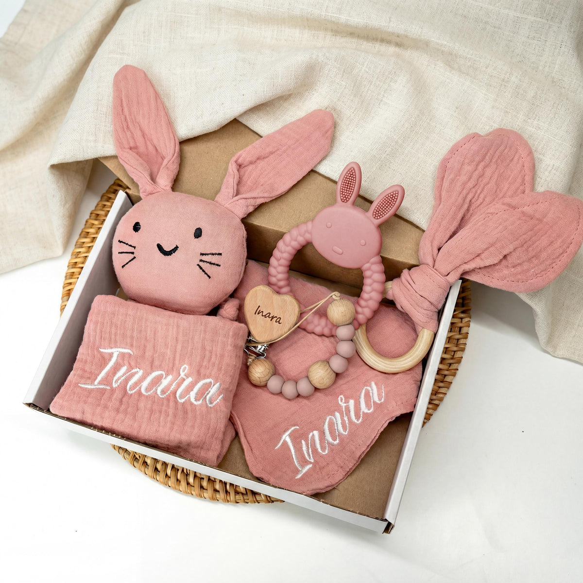 Personalized Bunny Lovey Gift Set – Embroidered Muslin, Pacifier Clip & Toy