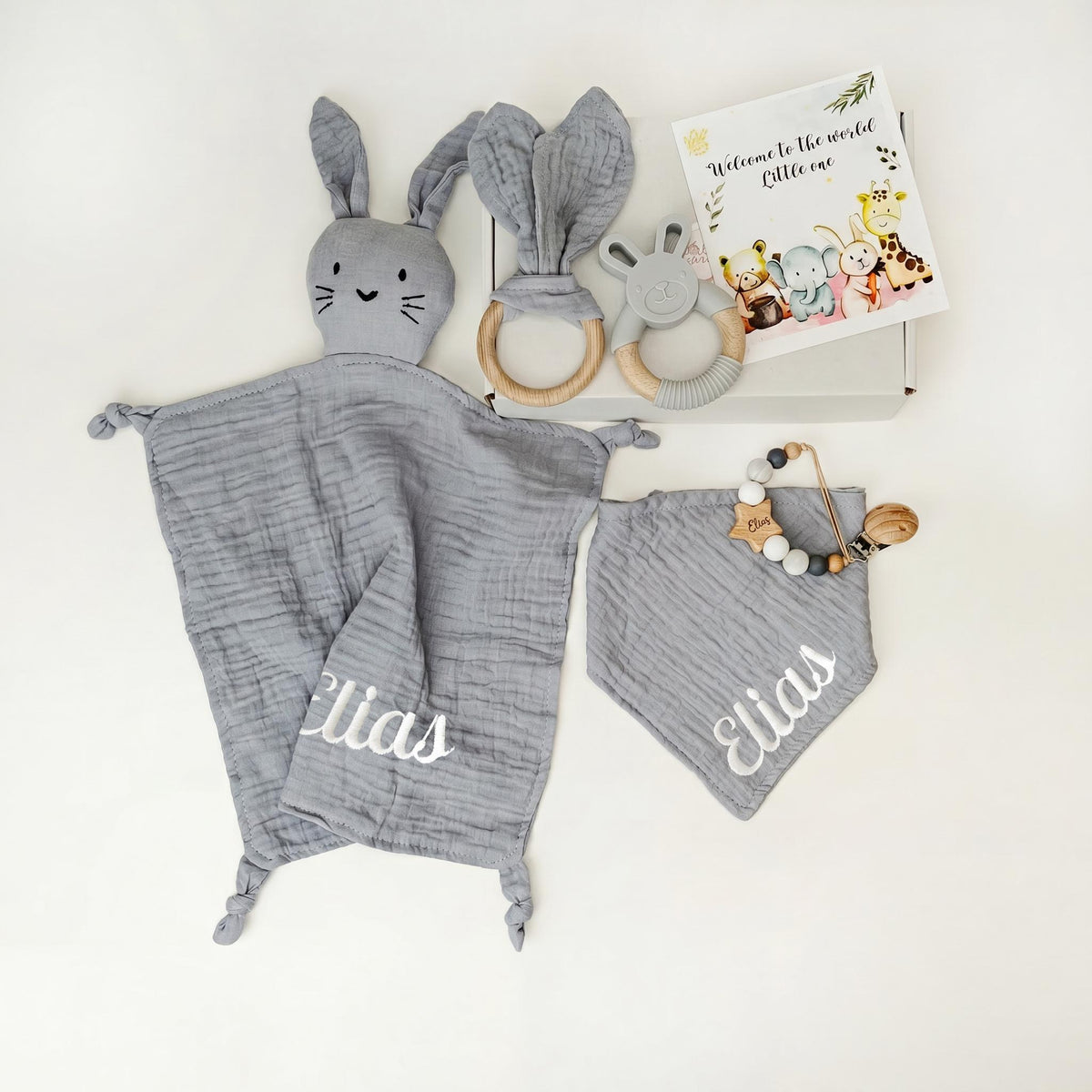 Personalized Bunny Lovey Gift Set – Embroidered Name, Pacifier Clip & Silicone Toy